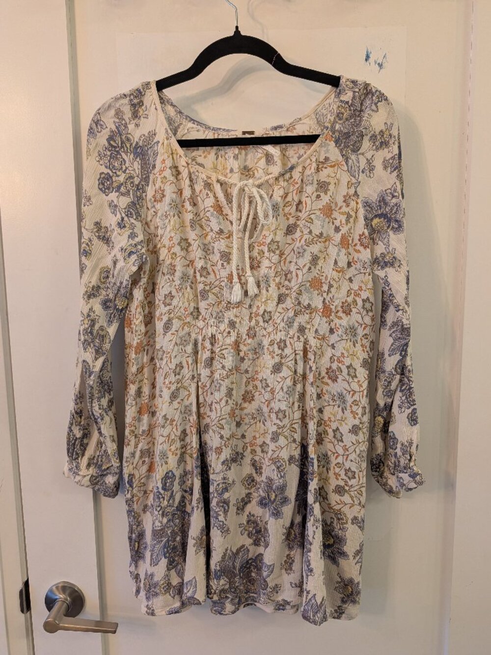 Free People Cream Blue Floral Tie Neck Long Sleeve Mini Dress S